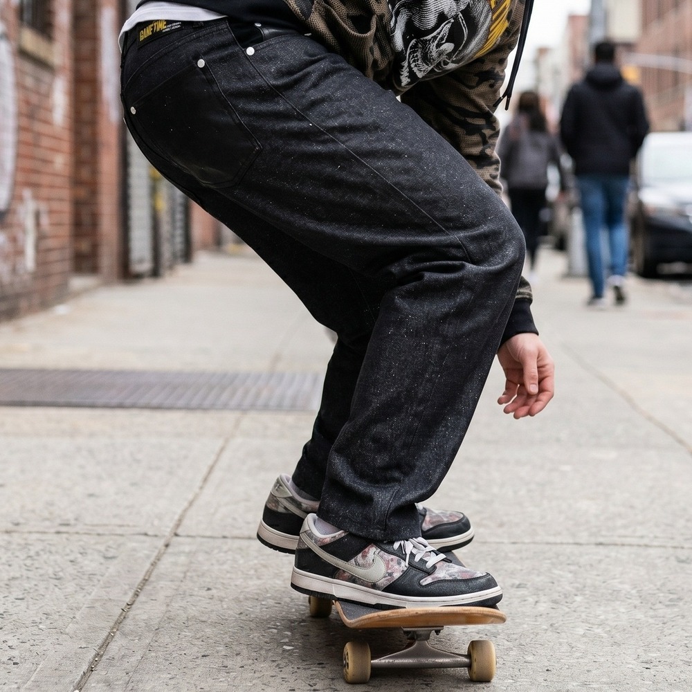 Game Time Jeans Men 30 Black Hip Hop Embroidered Suede Pockets Streetwear Denim‎